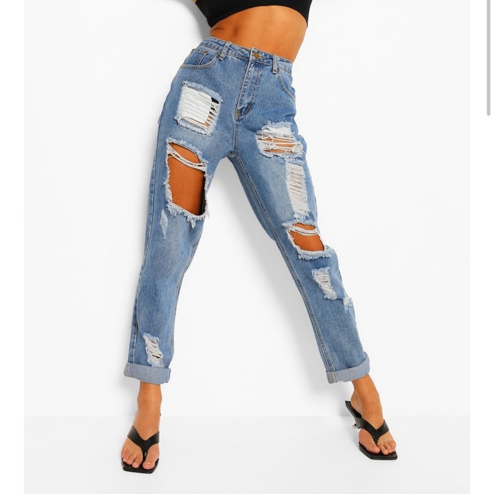 High Waist Light Wash Distressed Mom Jeans